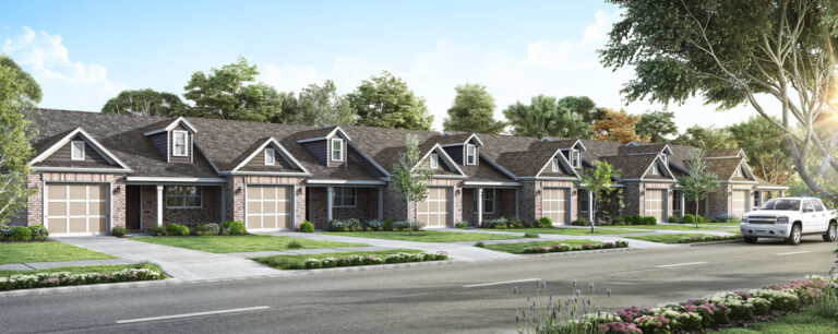 Architectural rendering of a row of single-story brick townhouses with attached garages along a landscaped street