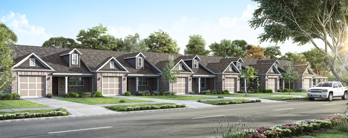 Architectural rendering of a row of single-story brick townhouses with attached garages along a landscaped street