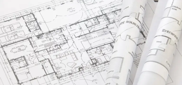 Architectural floor plans laid flat, with rolled drawings resting on top