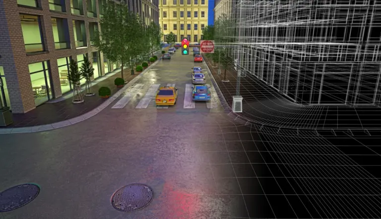 City street at dusk with part of the scene shown as a 3D point-cloud wireframe