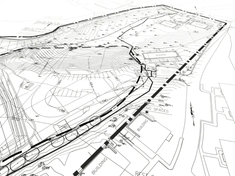 Site survey drawing in perspective, with contour lines, a property boundary, buildings and parking spaces