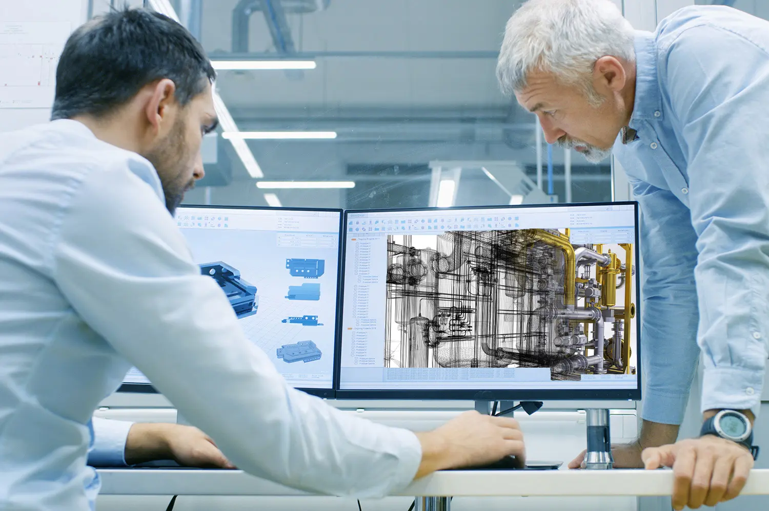 Two engineers reviewing a 3D piping model and machine parts on twin monitors