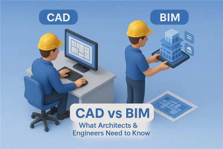 Illustration titled CAD vs BIM: an engineer drafting a floor plan at a computer beside another holding a 3D building model on a tablet