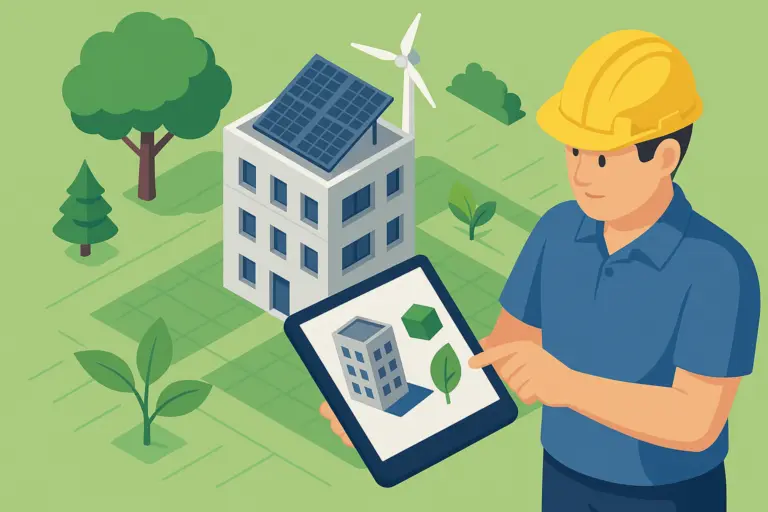 Illustration of an engineer holding a tablet with a building model, beside a building with rooftop solar panels and a wind turbine