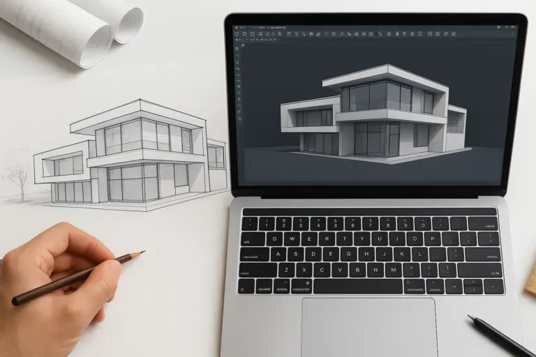 A hand sketching a modern two-story house in pencil beside a laptop showing the same house as a 3D CAD model