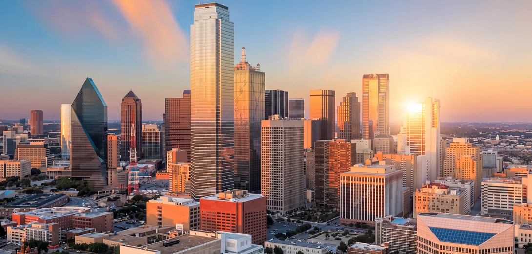 Dallas skyline at sunset, location of the Arcengine US office