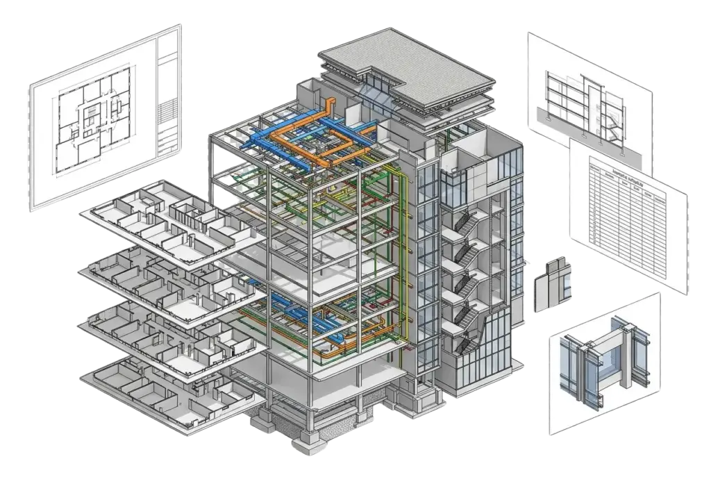 Coordinated Revit model exploded by discipline, with sheets and a schedule extracted from the model