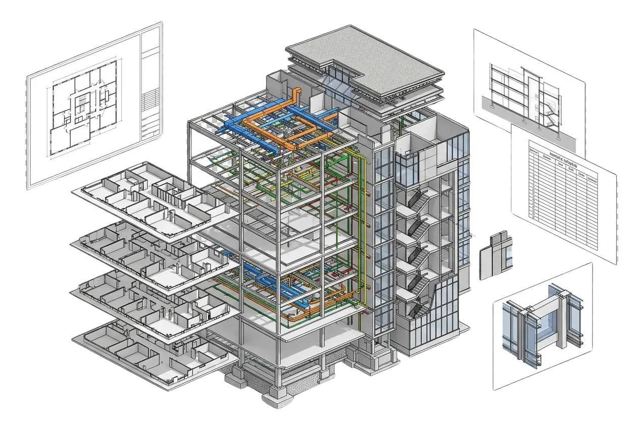 Exploded axonometric Revit model separating floor plates, structural frame, and coordinated MEP services, with the plan, section, and schedule sheets generated from it