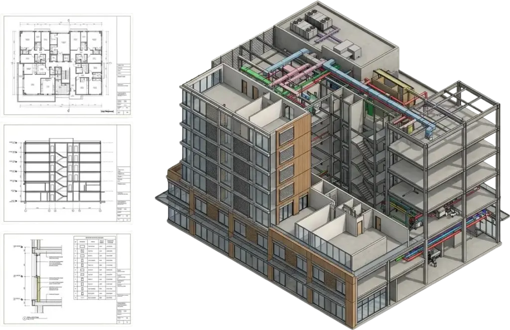Multi-storey architectural BIM model cut away to show walls, floors, roofs and openings, with plan, section and detail sheets alongside