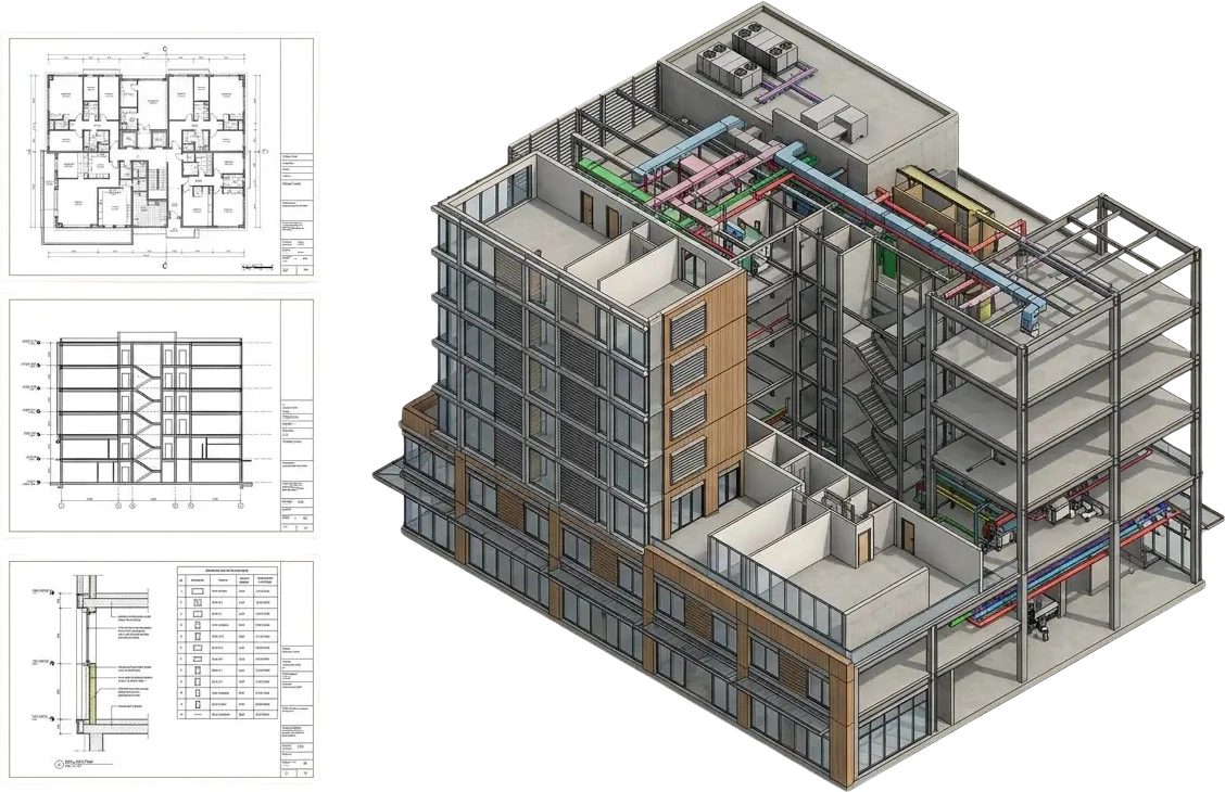 Cutaway isometric Revit model of a multi-story building showing structural frame, interior partitions, stair core, and coordinated MEP services, beside the plan, section, and detail sheets generated from it