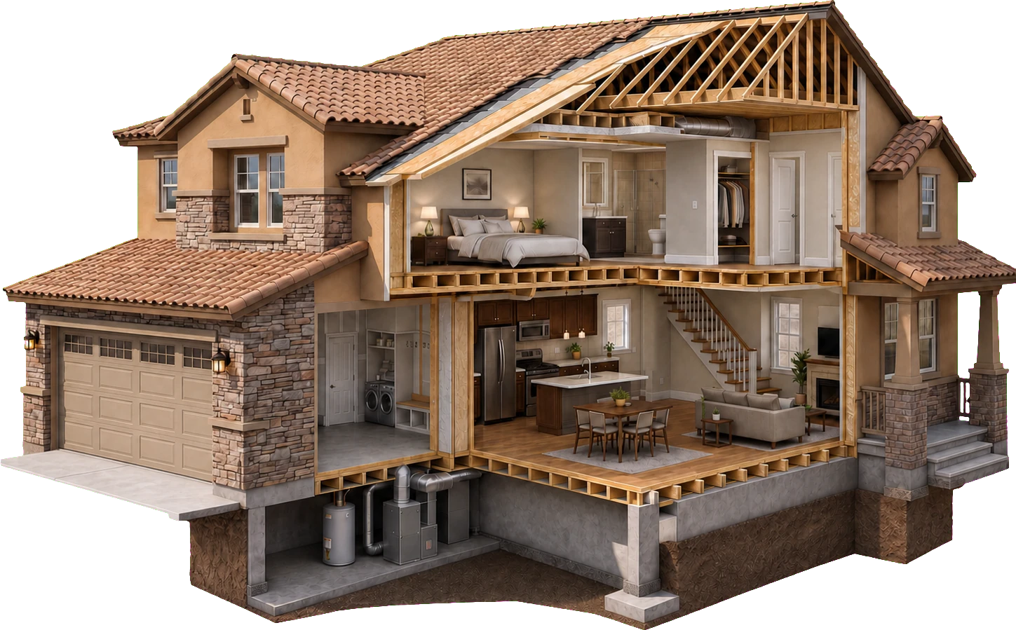 Corona-style 3D architectural cutaway render of a U.S. residence showing roof framing, interior construction, floor assemblies, foundation, and mechanical equipment