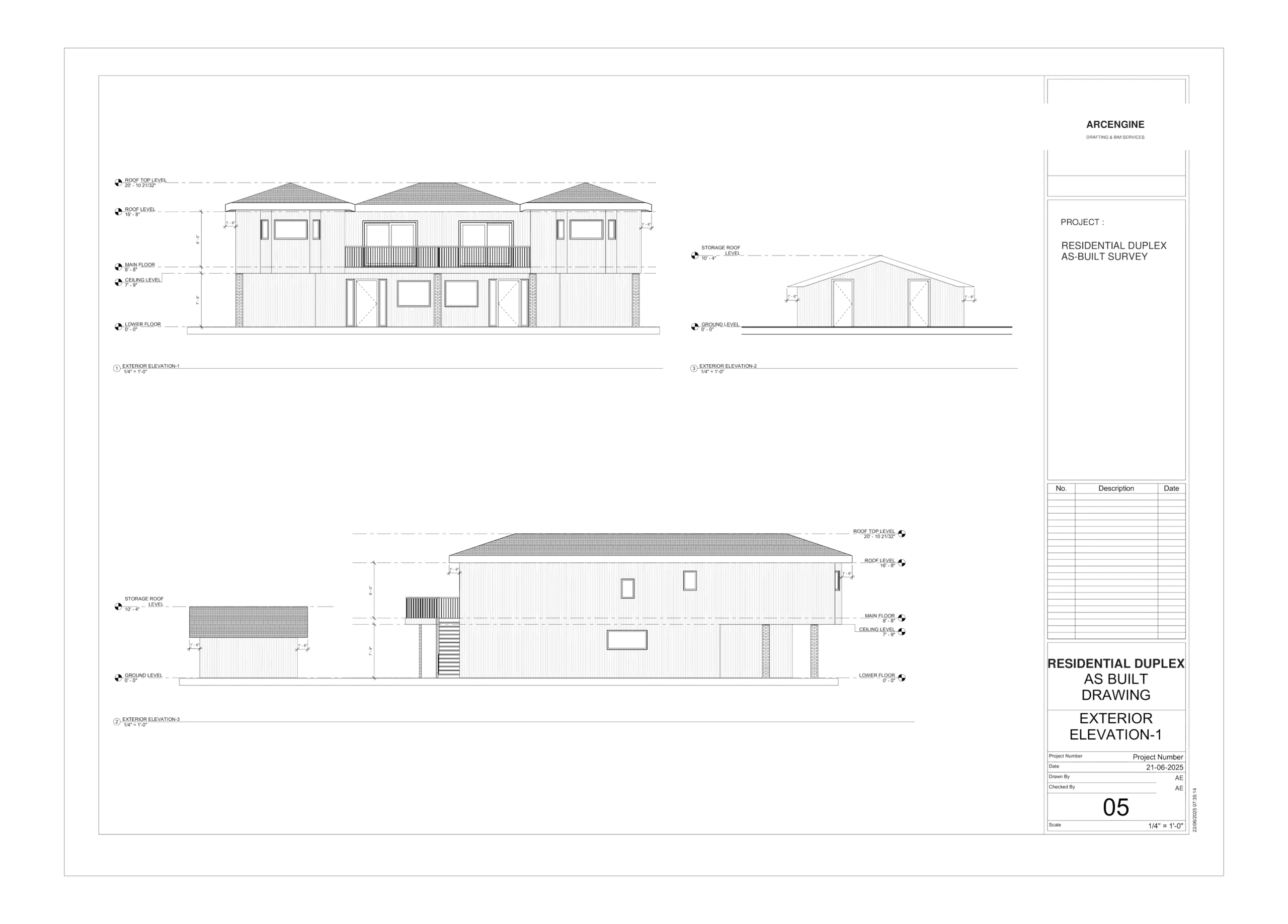 Existing-condition as-built exterior elevations documented from field measurements