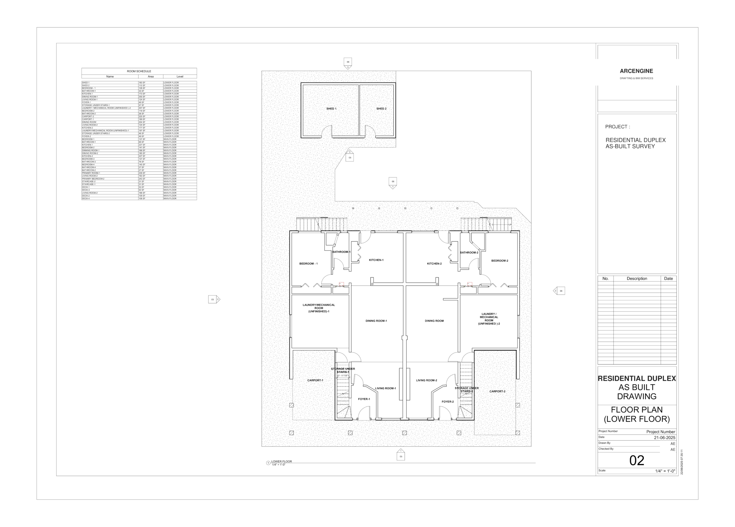 Field-measured lower-floor as-built record plan with dimensions, room labels, and existing conditions