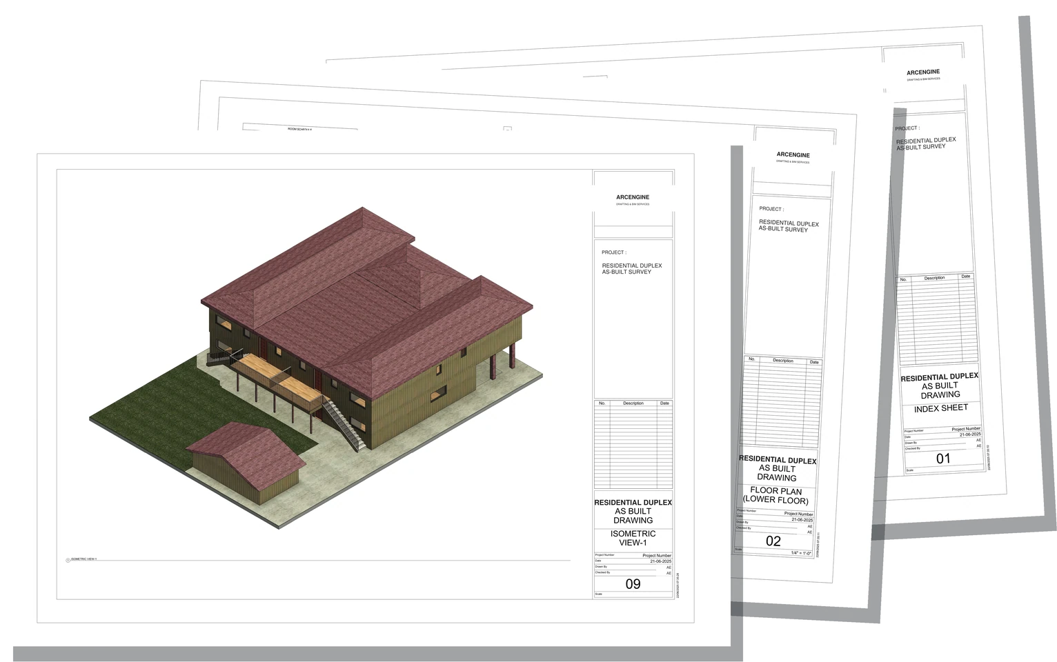 Architectural as-built record set documenting verified existing plans, elevations, and building information