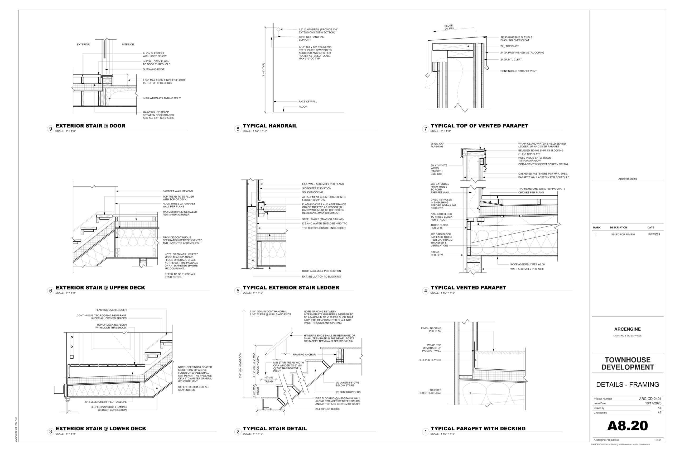 United States construction detail sheet covering exterior stairs, handrails, parapets, and envelope assemblies