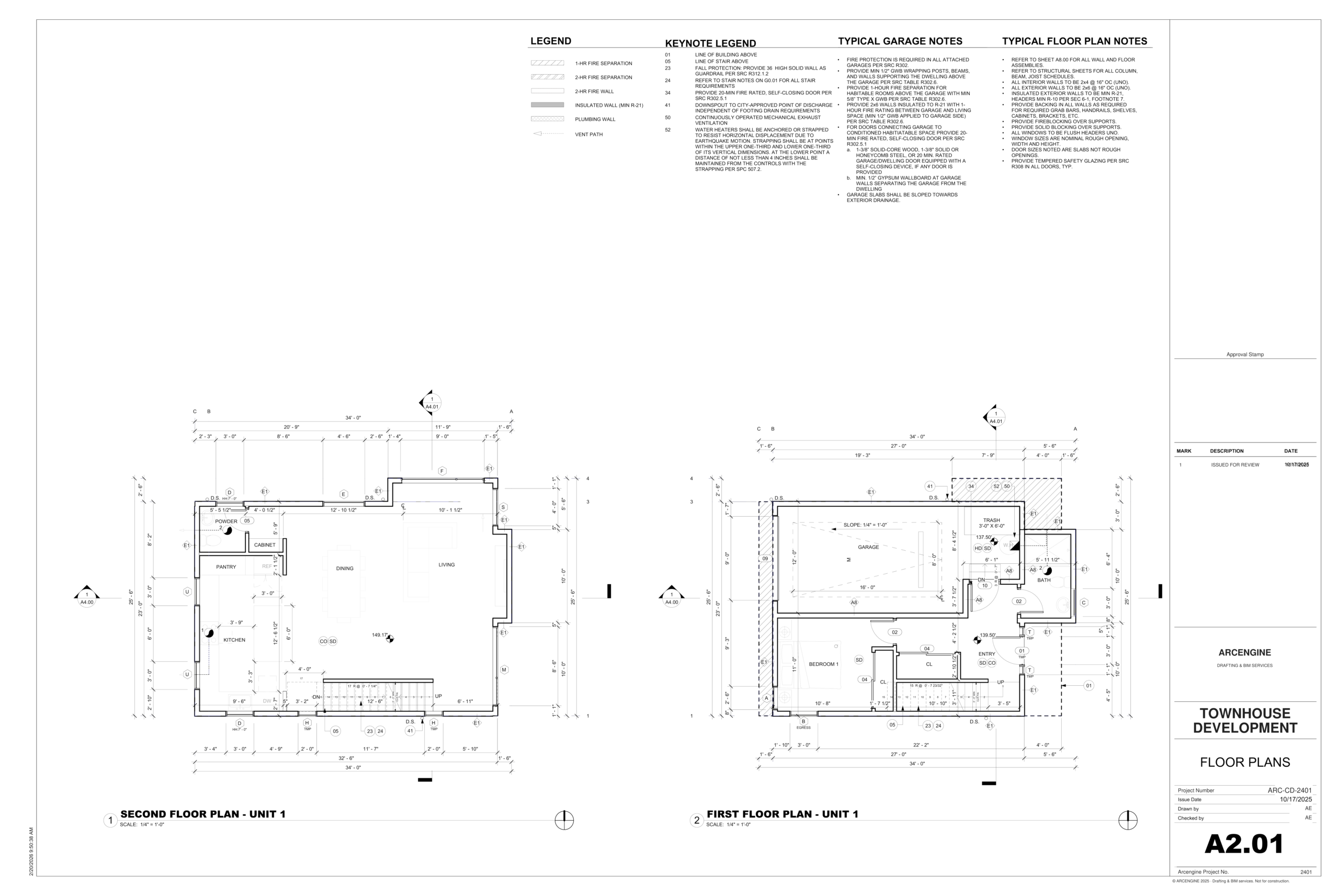 Coordinated United States townhouse construction floor plans with dimensions, tags, and sheet references