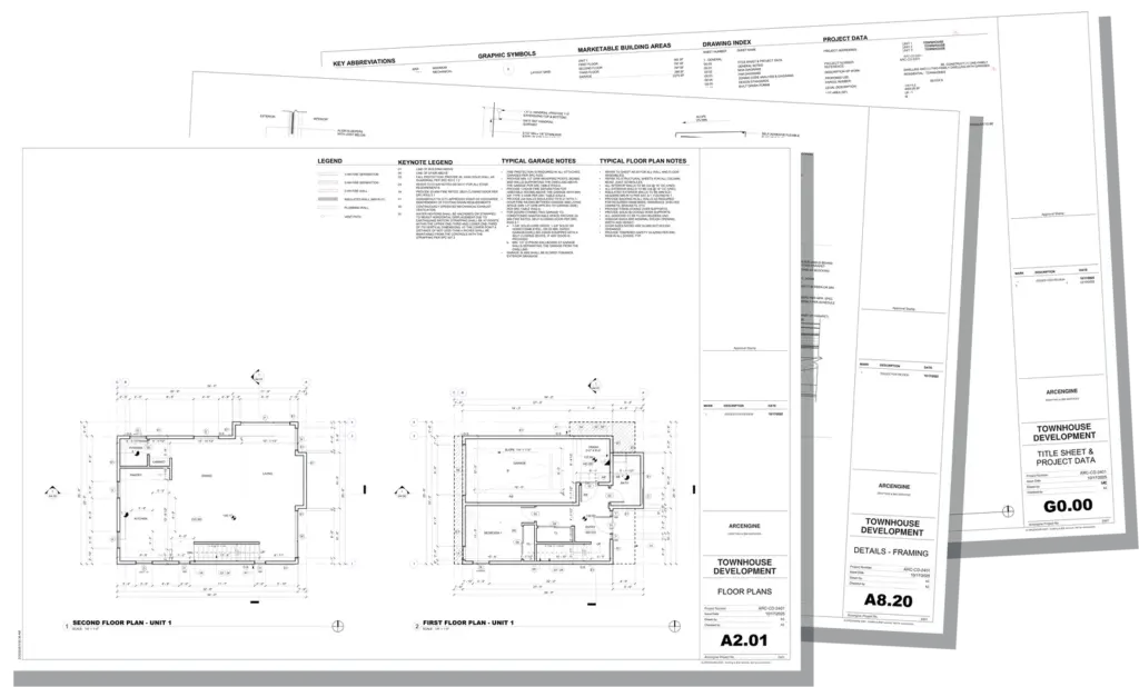 Coordinated architectural construction document set with plans, sections, schedules, and details