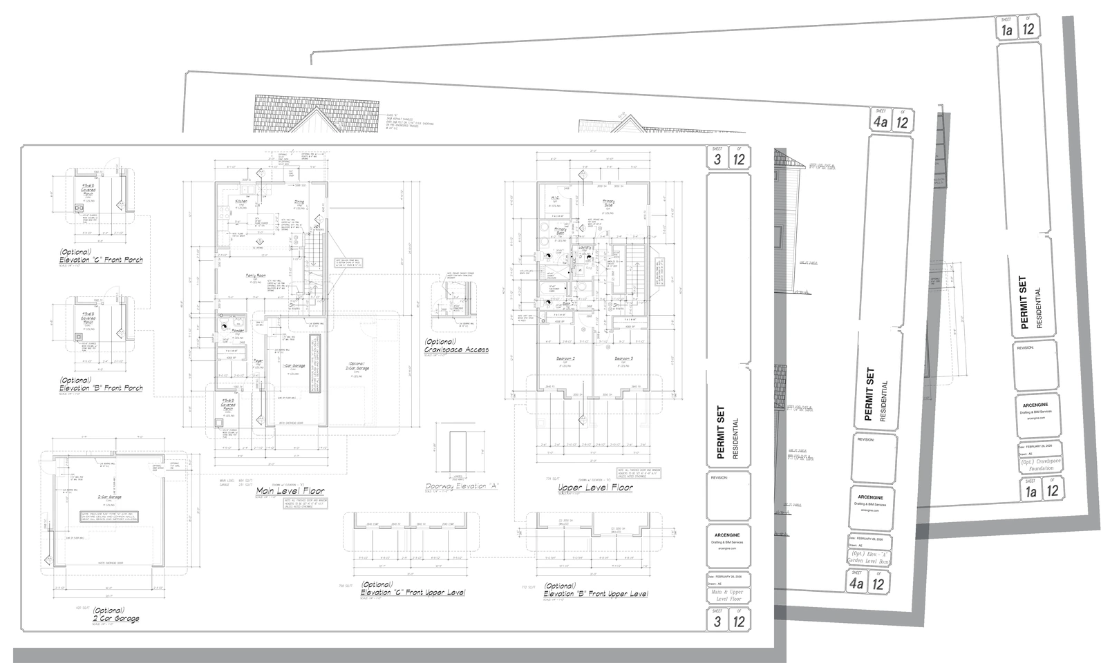 Authentic approved United States residential permit set with released-for-permit stamps, floor plans, and exterior elevations