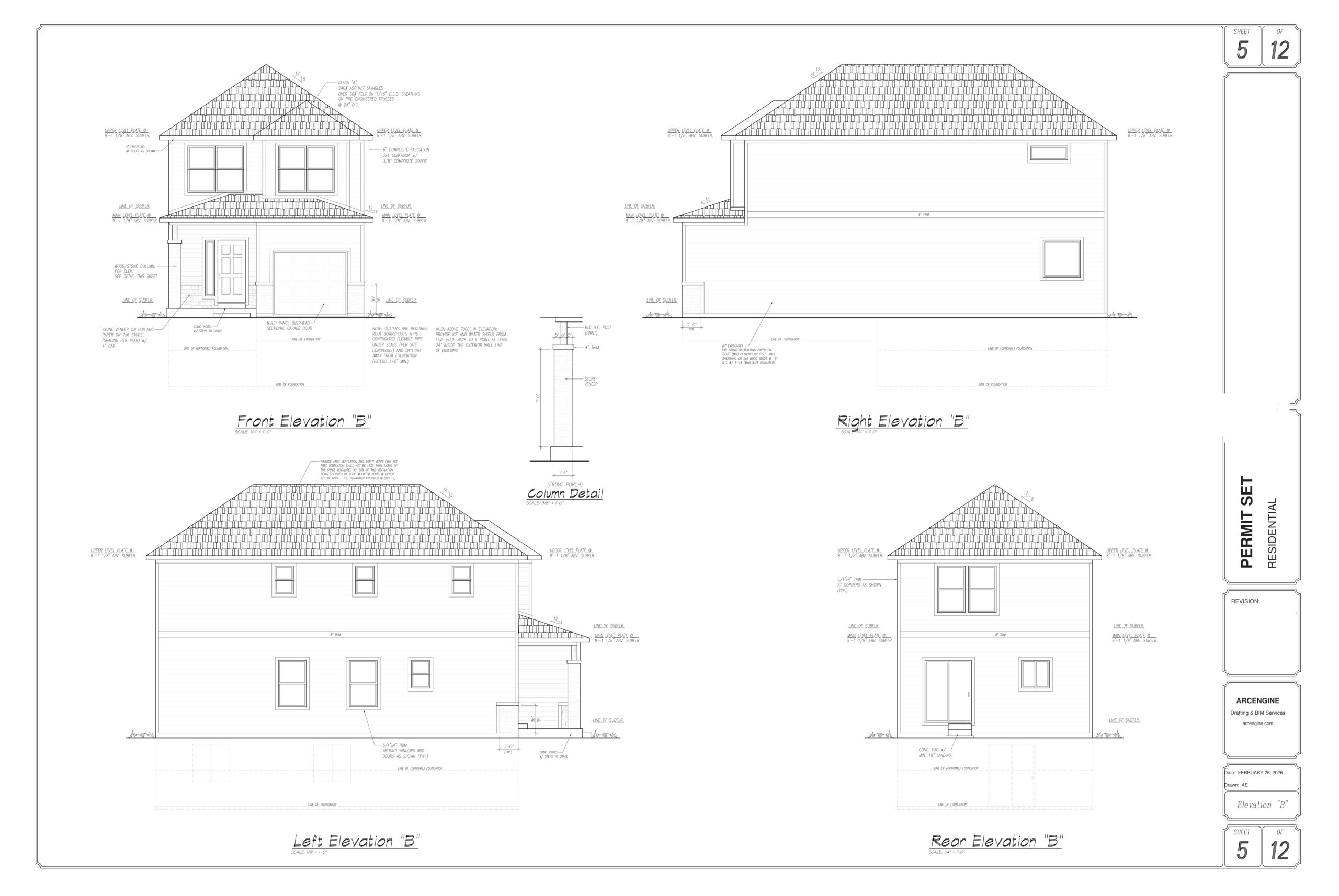 Approved United States residential exterior elevation sheet with construction annotations and permit release stamp