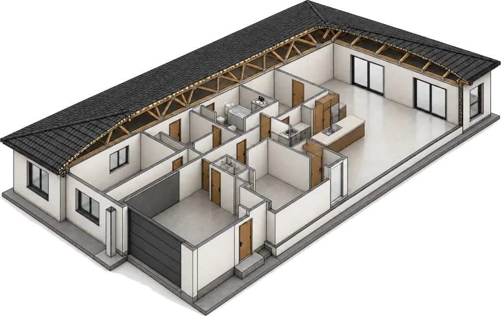 Australian as-built BIM residence documenting the existing roof form, levels, exterior elements, and site context