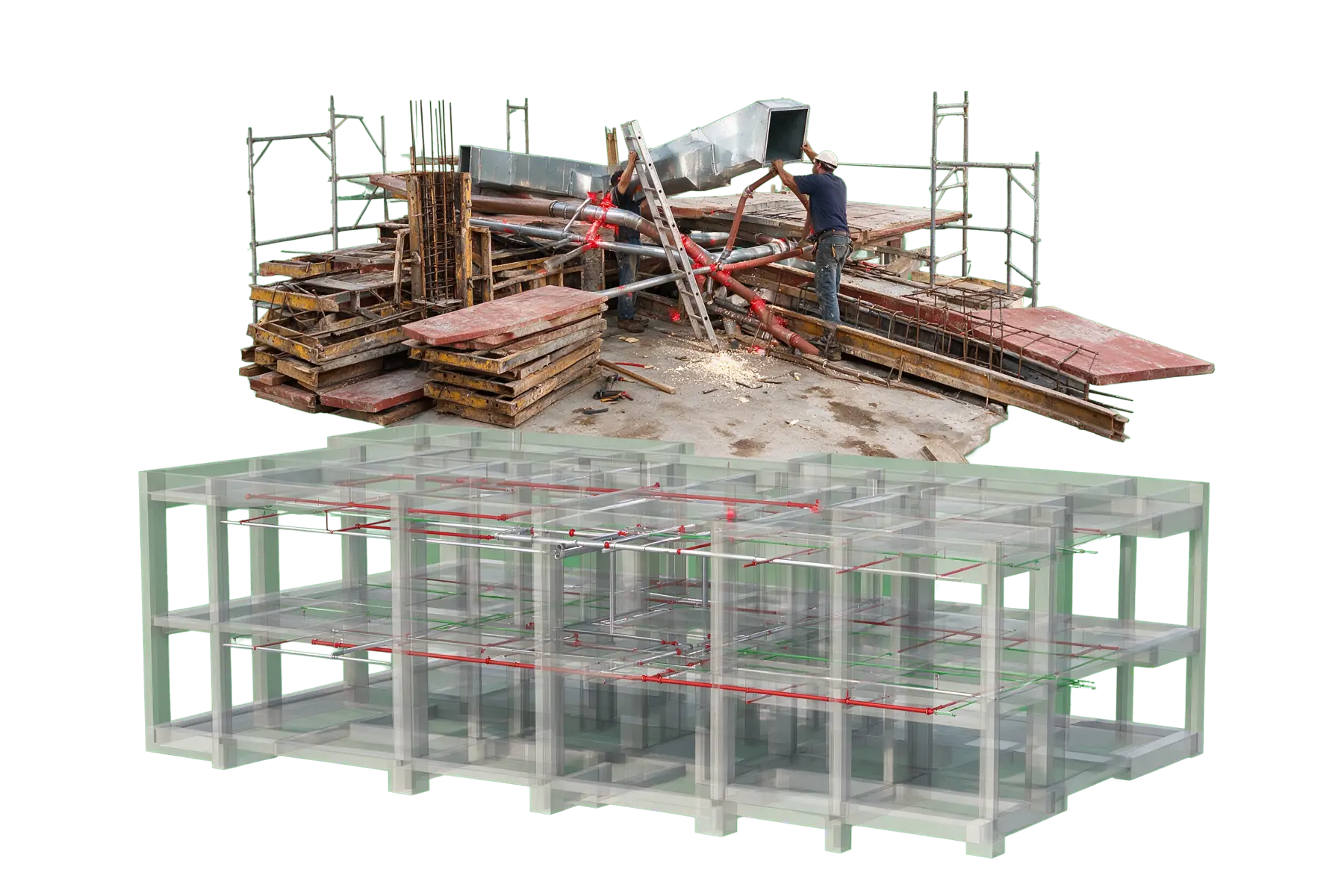 Congested site installation of ductwork and piping shown above the coordinated transparent model of the same structure