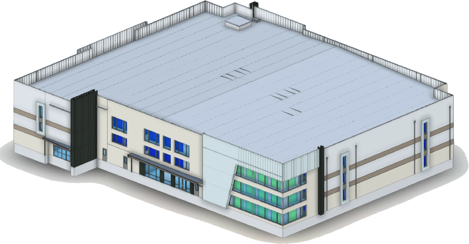 Composite BIM model of a steel-framed commercial building with roof deck, curtain wall glazing and facade panels