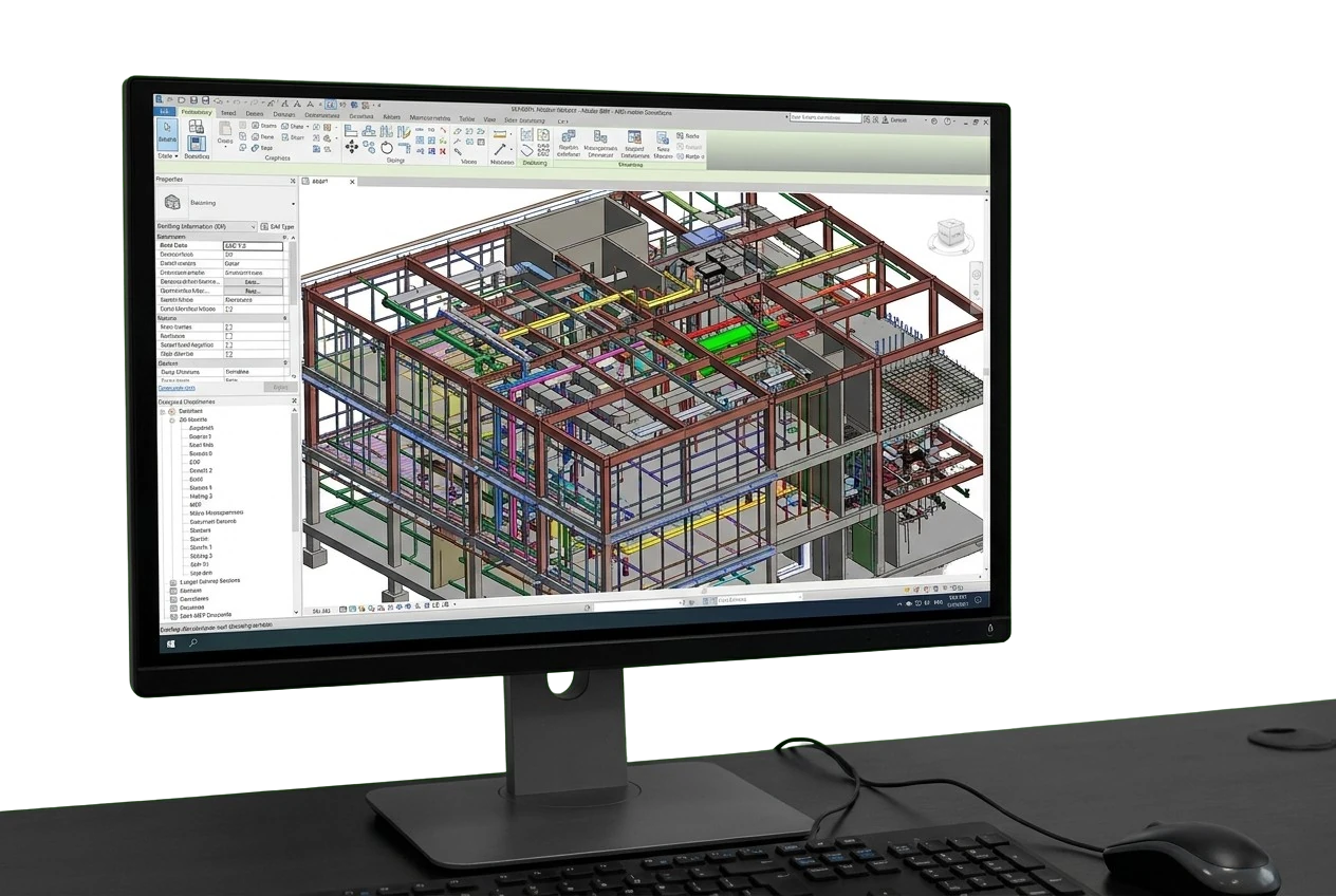 Federated structural and MEP model open in Revit on a desktop workstation, with the project browser and element properties visible