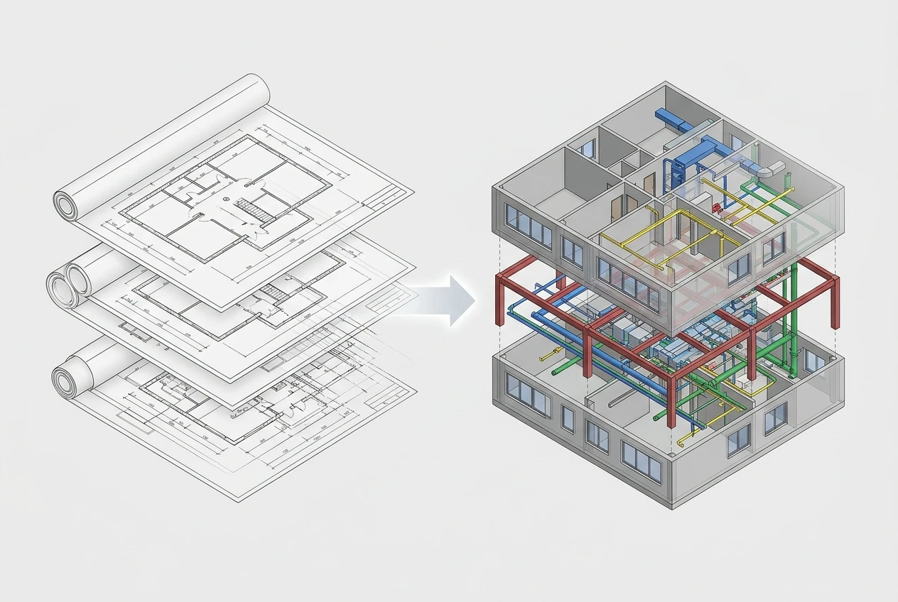 Rolled 2D CAD drawing sheets converted into a coordinated multistory BIM model with structural frame and color-coded mechanical, electrical, and plumbing services