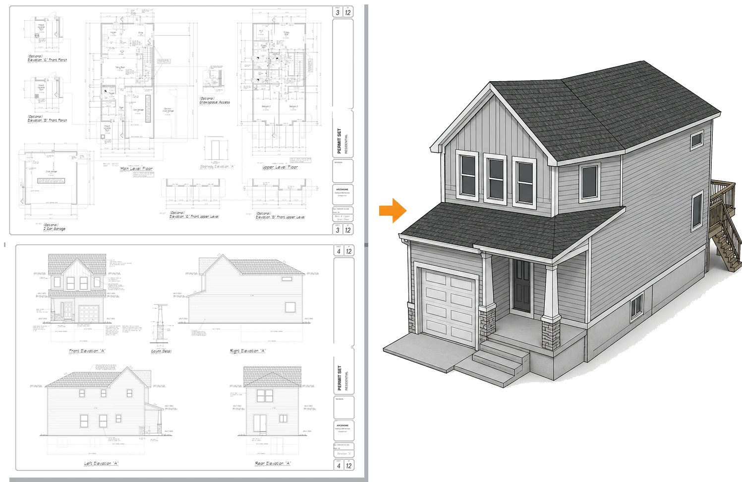 Two-dimensional permit floor plans and elevations rebuilt as a coordinated three-dimensional BIM model