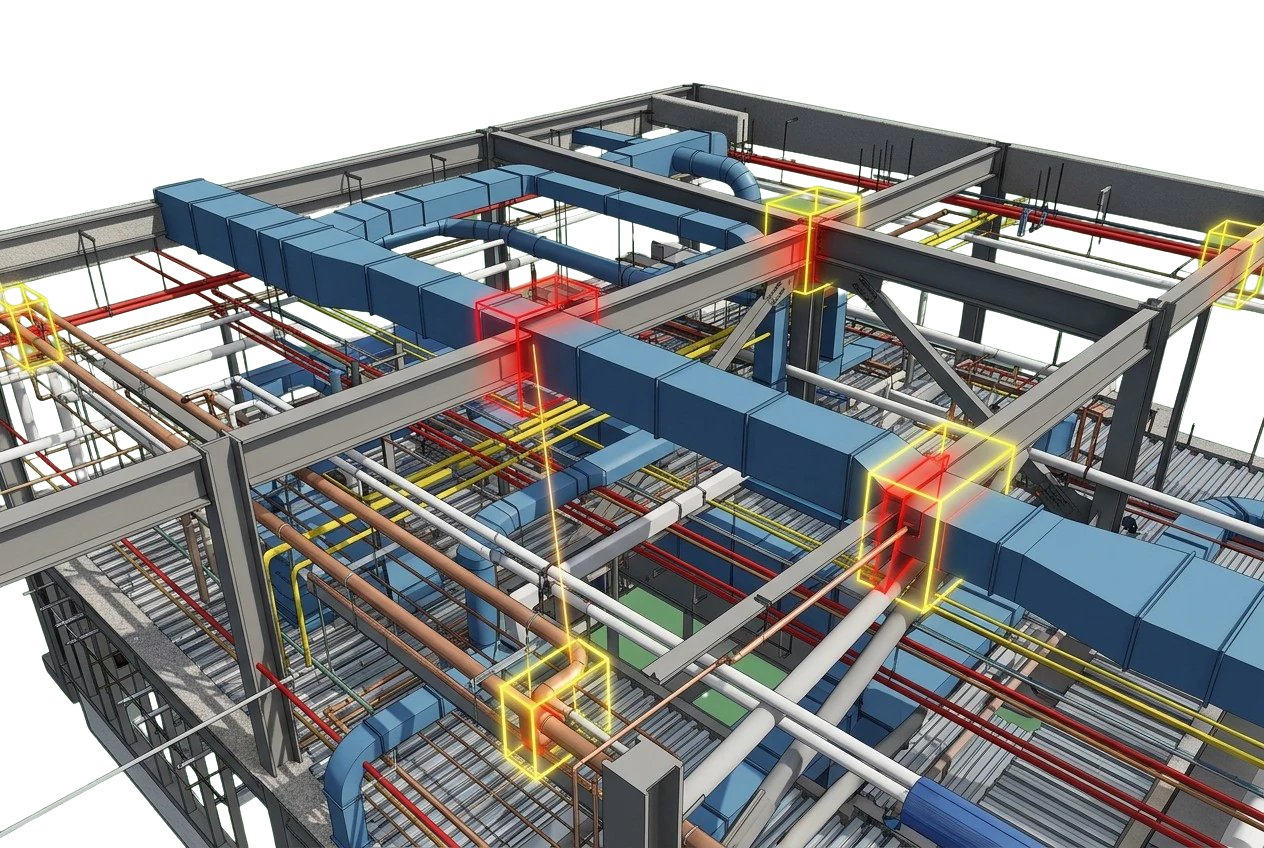 Federated model view with ductwork, piping, and steel framing, and clashing elements highlighted in red and yellow marker boxes