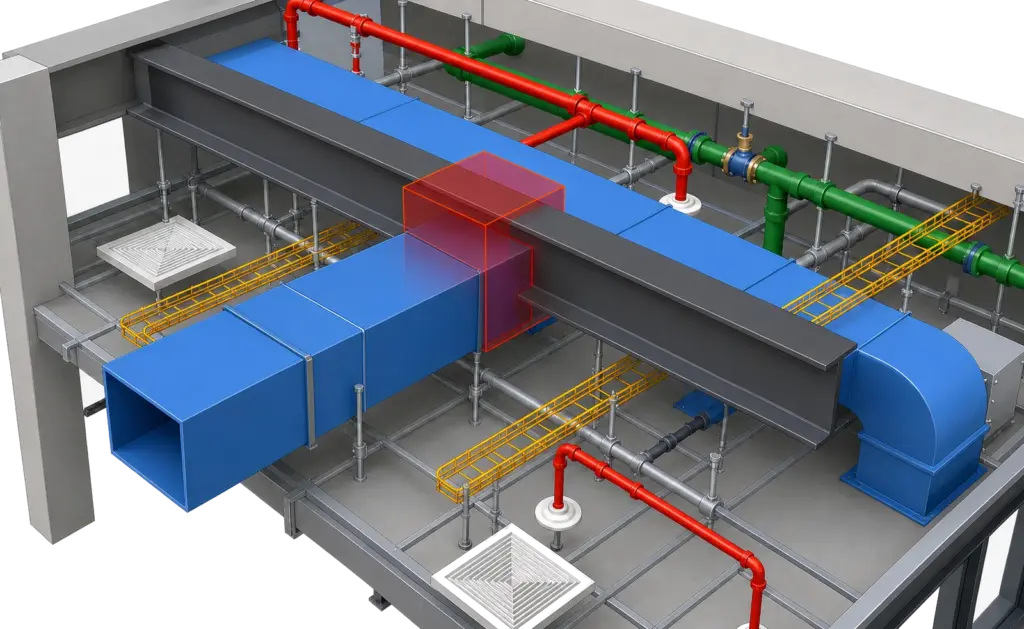 Standalone BIM clash visual highlighting a duct-to-structure interference in a coordinated services model