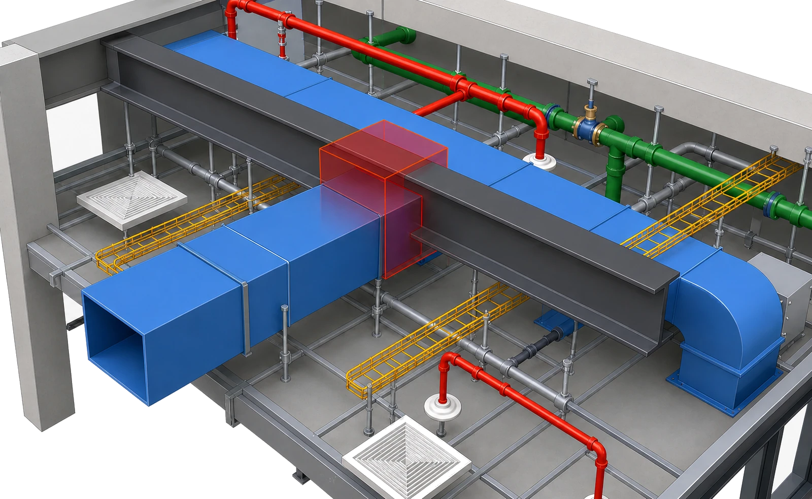 Standalone federated BIM clash visual highlighting a duct-to-beam interference