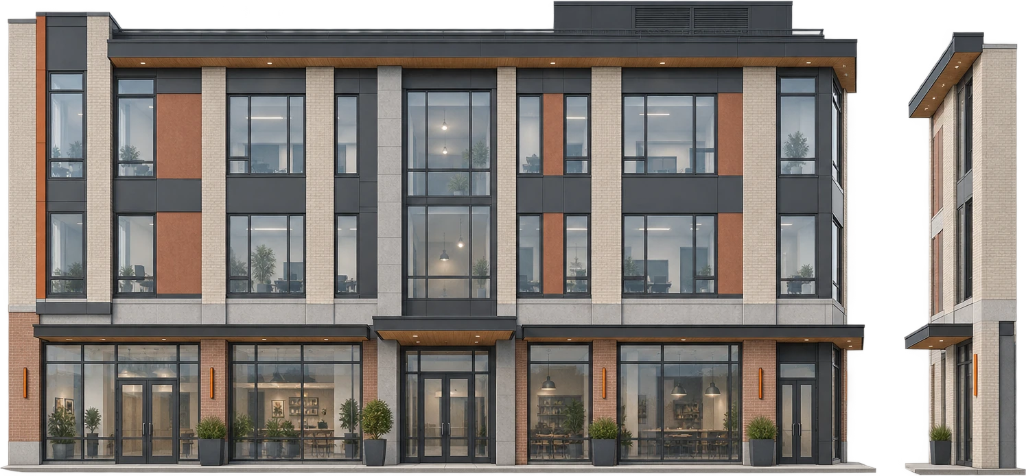 Architectural orthographic elevation visual showing coordinated exterior facades, roof geometry, openings, levels, and materials