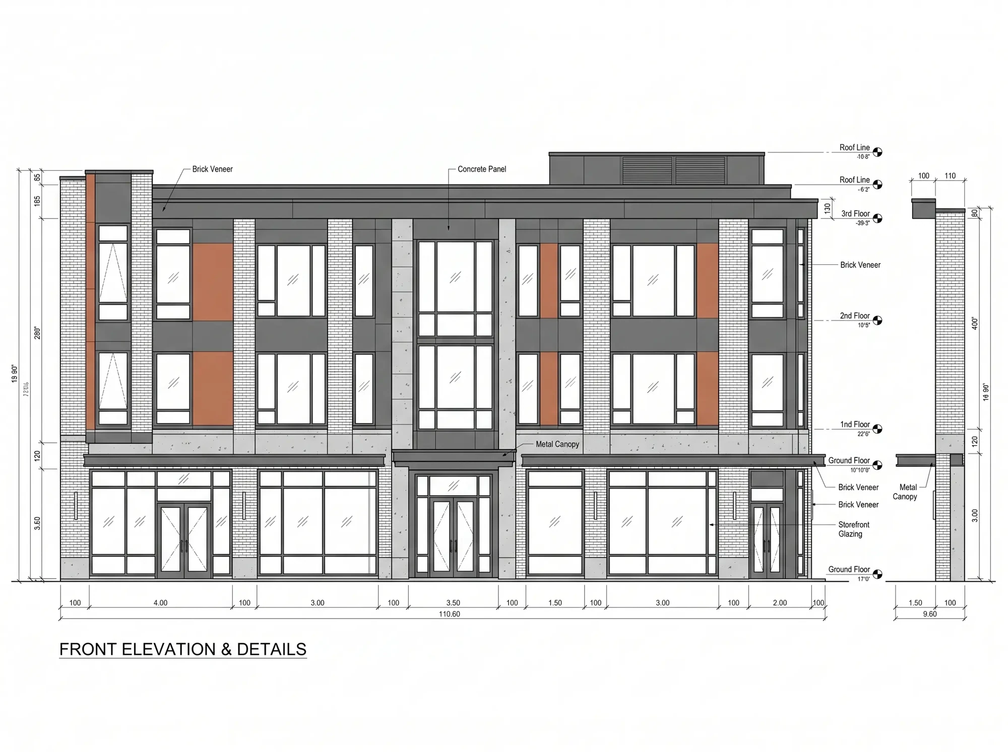 Front elevation drawing with dimension strings, floor level markers, and callouts for brick veneer, concrete panel, metal canopy, and storefront glazing