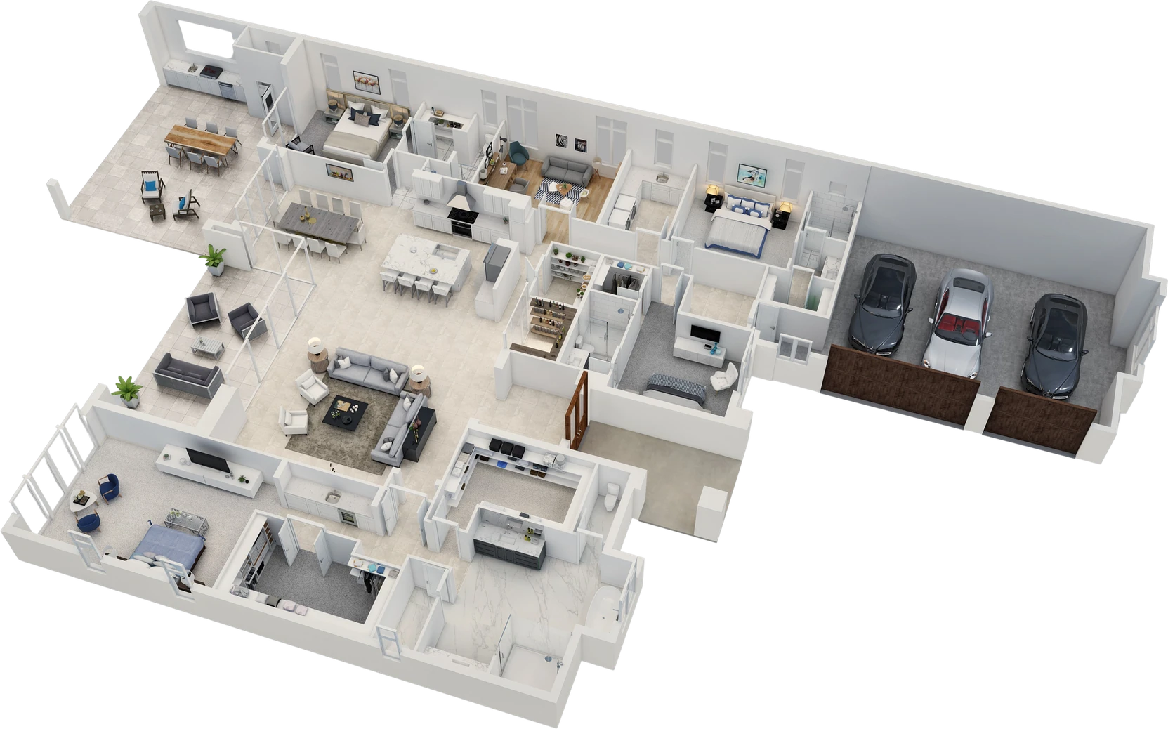 Furnished 3D isometric floor plan of a single-storey residence showing living, dining, kitchen, bedrooms, bathrooms, terrace and a three-car garage