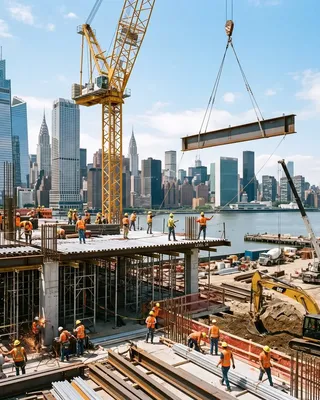 Tower crane lifting a steel beam onto a concrete deck on a waterfront high-rise site, with rebar cages, formwork and excavators in the foreground