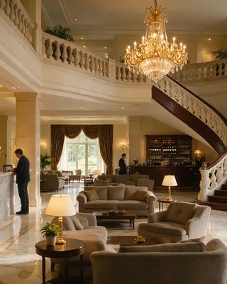 Hotel lobby with a curved timber staircase, chandelier, marble floor inlay, reception desk and lounge seating