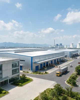 Aerial view of a completed commercial and distribution development with warehouse units, offices, service roads and parking