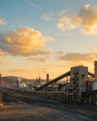 Mineral processing plant at sunset with conveyor galleries, silos, stacks and a haul truck on the site road
