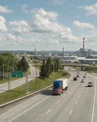 Divided highway corridor with a frontage road interchange, overpass, guardrail and signage, running past an industrial waterfront and port