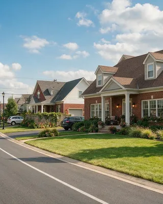 Suburban street of brick and clapboard houses with dormers, porches, front lawns and mature planting