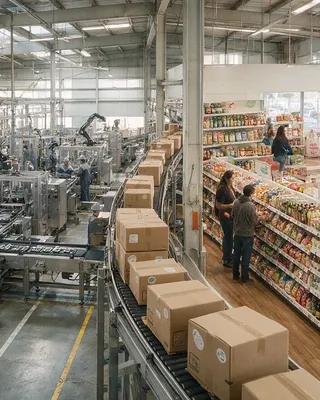 Packaging line feeding a conveyor of cartons alongside a stocked retail store with shelving and checkout