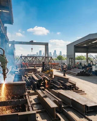 Steel fabrication yard with a CNC plasma cutter working a plate, stacked I-beams and a welded truss under the gantry crane