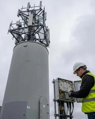 Technician working at a fibre splice enclosure at the base of a monopole cell tower carrying panel antennas and remote radio units