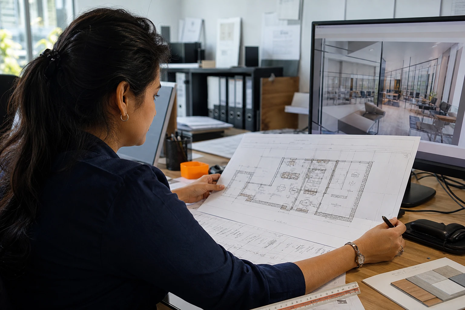 Interior designer reviewing coordinated drawings and finish information in a professional studio