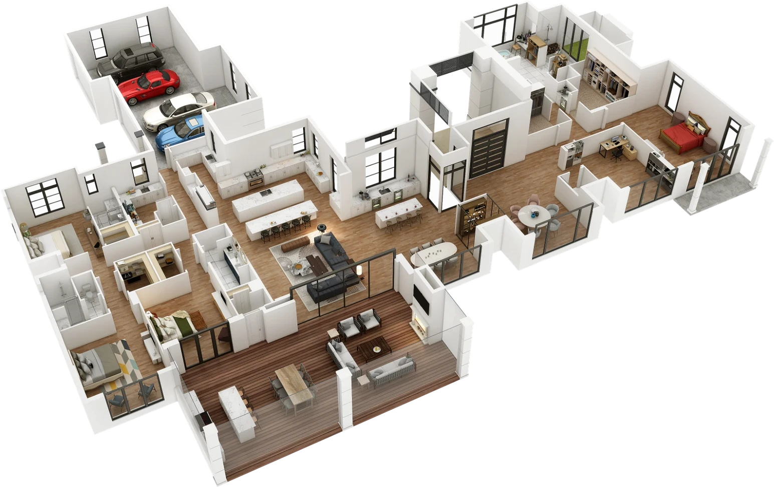 Furnished 3D isometric floor plan of a residence showing living, dining, kitchen, bedrooms, bathrooms, terrace decking and a three-car garage