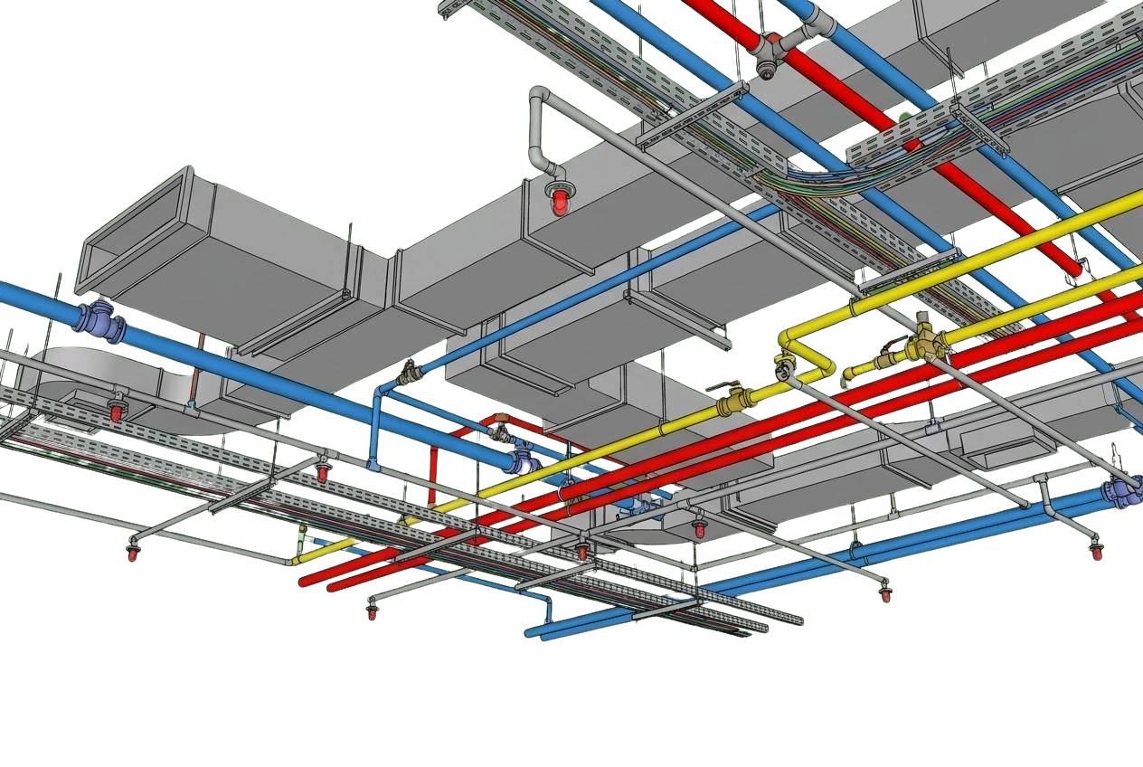 Coordinated ceiling services model showing ductwork, chilled and heating pipework, sprinkler mains with pendent heads, and cable tray routed between structural beams