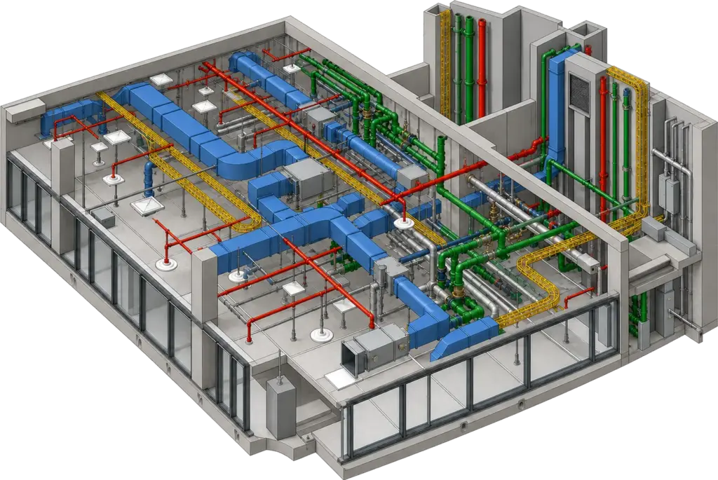 Standalone coordinated mechanical, electrical, plumbing, and fire-protection BIM model
