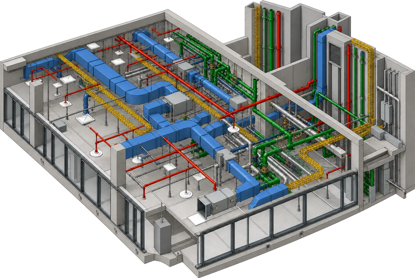 Standalone mechanical, electrical, plumbing, and fire-protection BIM model with coordinated service routing