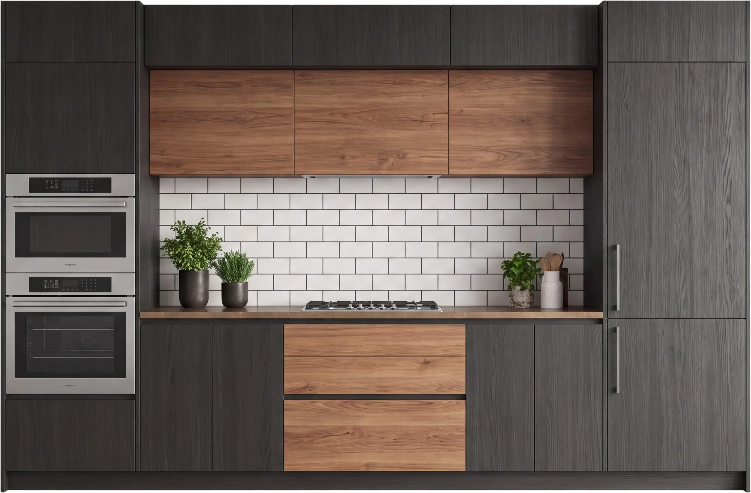 Photorealistic front elevation of modern custom kitchen millwork with full-height cabinetry, wood upper cabinets, integrated appliances, backsplash, and countertop
